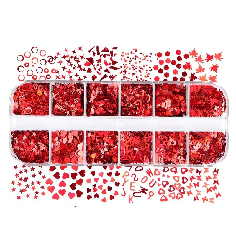 CTTHNBD Valentine's Day Nail Art Glitters Sequins, 3 Boxes Holographic Hearts Nail Art Flakes Red Heart Glitter Sticker Decals Mixed Color Hearts Nail Sequins for Manicure DIY Decorations 36 Styles - Image 3